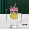 6 Pcs Glass Straw Cup, 6 Colors Square Glass Cup With Straw And Lid, High Borosilicate Glass Cup, Milk Cup, Juice Cup, Cold Drink Cup, Coffee Cup